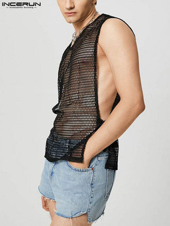 Ανδρικά μπλουζάκια με δίχτυ αμάνικα streetwear με λαιμόκοψη με κορδόνια See Through γιλέκα Breathable 2023 Split στο πλάι Σέξι ανδρικά ρούχα INCERUN