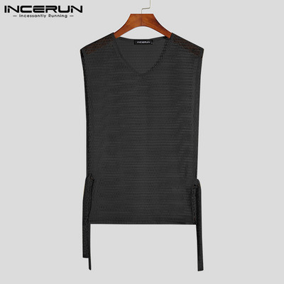 Férfi felsők, hálós ujjatlan, O-nyakú utcai viselet, fűzős, átlátszó mellény, lélegző, 2023-as, oldalt osztott szexi férfi ruházat INCERUN