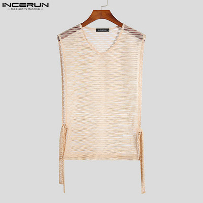 Férfi felsők, hálós ujjatlan, O-nyakú utcai viselet, fűzős, átlátszó mellény, lélegző, 2023-as, oldalt osztott szexi férfi ruházat INCERUN