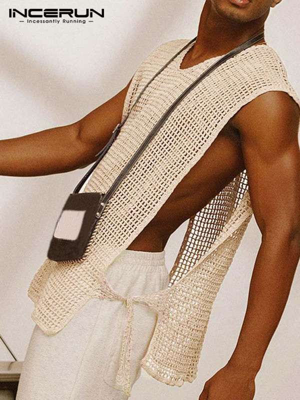Férfi felsők, hálós ujjatlan, O-nyakú utcai viselet, fűzős, átlátszó mellény, lélegző, 2023-as, oldalt osztott szexi férfi ruházat INCERUN
