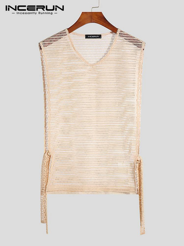 Férfi felsők, hálós ujjatlan, O-nyakú utcai viselet, fűzős, átlátszó mellény, lélegző, 2023-as, oldalt osztott szexi férfi ruházat INCERUN