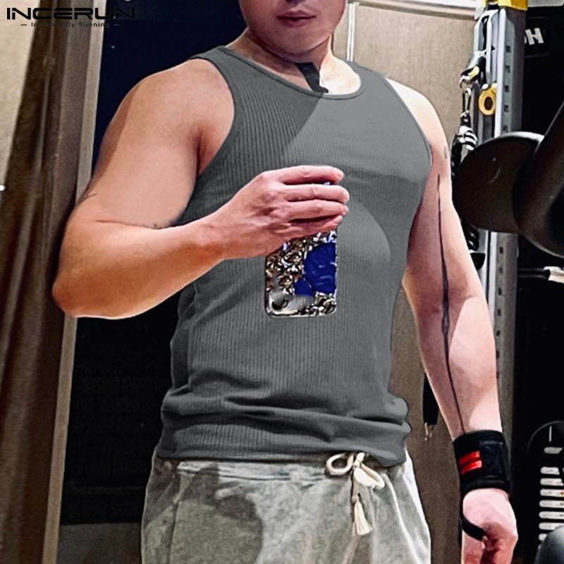 INCERUN Vyriški viršutiniai marškinėliai, vienspalviai O formos kaklelis be rankovių Gatvės apranga be rankovių, vasarinės laisvalaikio liemenės, liesos 2023 m. madingi, laisvalaikio vyriški drabužiai, 5XL