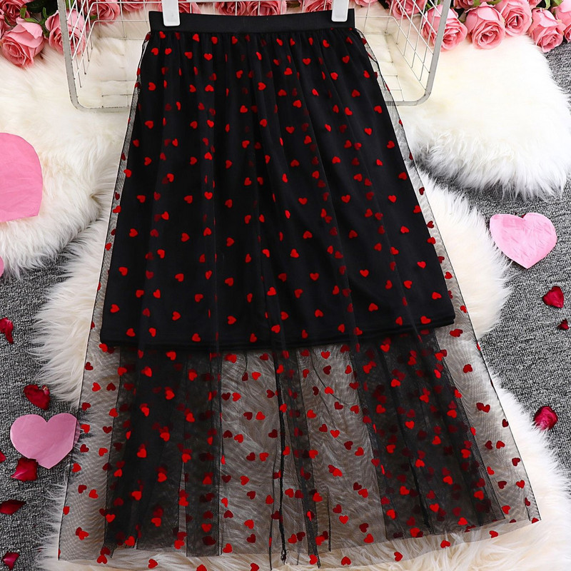 Didelio dydžio 4XL tinklinis maksimalus sijonas moterims, 2023 m. vasara, juodos širdelės raštais, senoviniai laisvalaikio moteriški drabužiai, klostuoti dideli sijonai iš tiulio