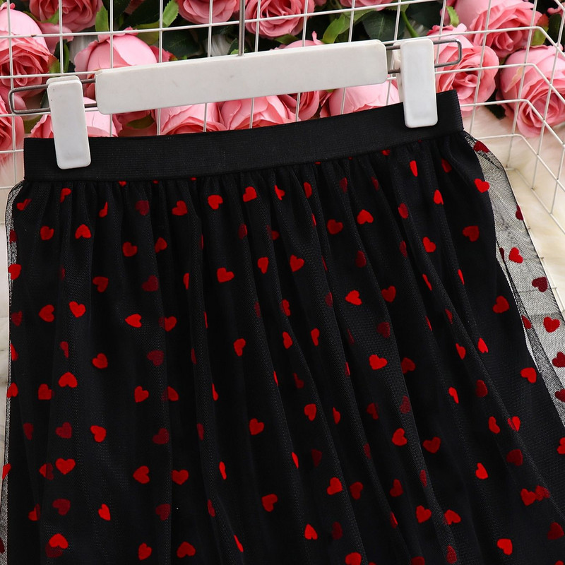 Didelio dydžio 4XL tinklinis maksimalus sijonas moterims, 2023 m. vasara, juodos širdelės raštais, senoviniai laisvalaikio moteriški drabužiai, klostuoti dideli sijonai iš tiulio
