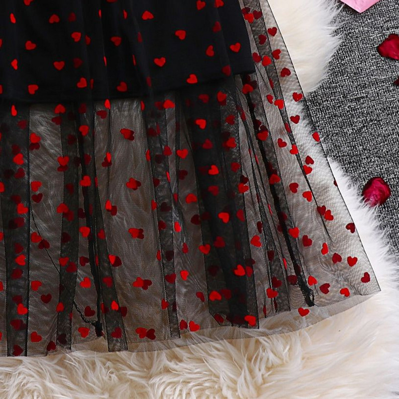 Didelio dydžio 4XL tinklinis maksimalus sijonas moterims, 2023 m. vasara, juodos širdelės raštais, senoviniai laisvalaikio moteriški drabužiai, klostuoti dideli sijonai iš tiulio