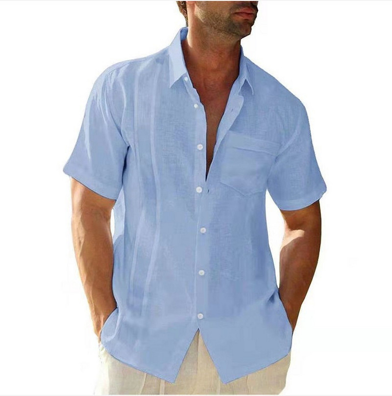 Νέο καλοκαιρινό κοντομάνικο μπλουζάκι Guayabera ανδρικό βαμβακερό κουβανέζικο σορτς με κανονική εφαρμογή με γιακά με κουμπί και κάτω Μπλουζάκια παραλίας
