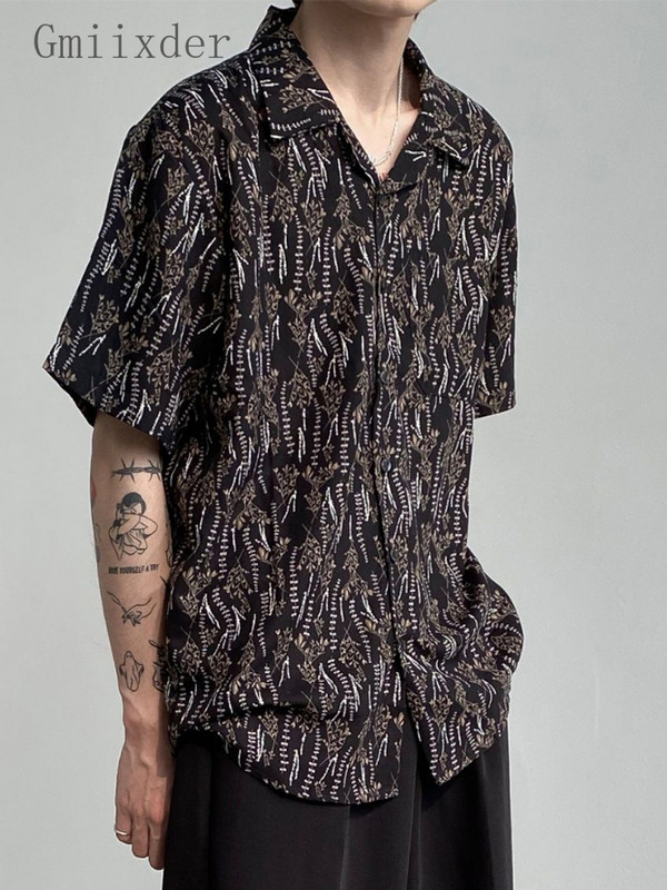 Gmiixder Summer Vintage krekls ar īsām piedurknēm Vīriešu Japānas Retro Kubas apkakles Ziedu krekls Ikdienas Oversize Unisex Elegants Goth Tops