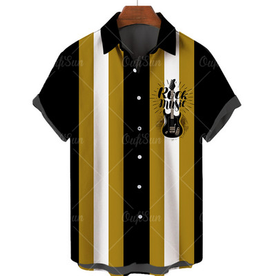 Vasaras ģitāras stila svītrains 3D drukas vīriešu havajiešu pludmales krekls brīvi naudas krekls ar īsām piedurknēm, liels 5xl vīriešu tops