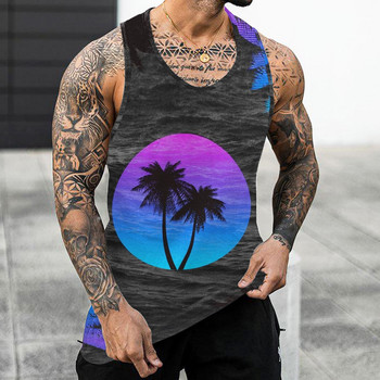 Τρισδιάστατα φανελάκια ανδρικό γιλέκο αναψυχής Coconut Tree Sunset Print Street ρούχο μεγάλου μεγέθους Ανδρικό αμάνικο πουκάμισο άνοιξη Bodybuilding φανελάκι