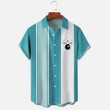 Лятна хавайска риза Боулинг 3d риза Винтидж риза с шарка на райе Мъжки блузи с къс ръкав Ваканционна ежедневна мъжка тениска Плаж
