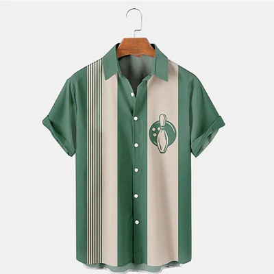 Καλοκαιρινό πουκάμισο Χαβάης Μπόουλινγκ τρισδιάστατο πουκάμισο Vintage πουκάμισο με ρίγες μοτίβο κοντομάνικο Αντρικές μπλούζες διακοπών Casual Man T-shirt Beach