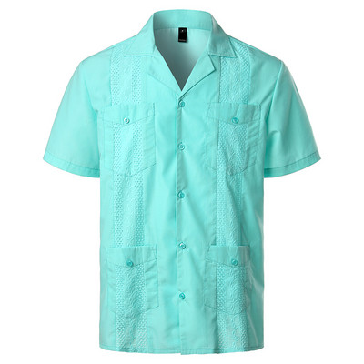 Férfi keresztre festett guayabera szőtt gombos tömör ing rövid ujjú hímzett hagyományos kubai ing Revere gallérral 4XL