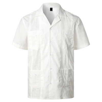 Férfi keresztre festett guayabera szőtt gombos tömör ing rövid ujjú hímzett hagyományos kubai ing Revere gallérral 4XL