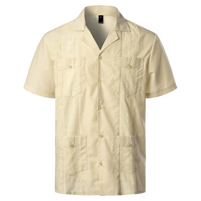 Férfi keresztre festett guayabera szőtt gombos tömör ing rövid ujjú hímzett hagyományos kubai ing Revere gallérral 4XL