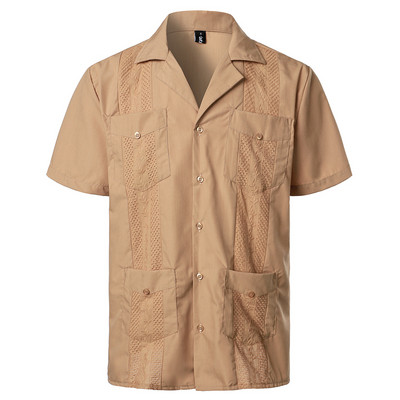 Férfi keresztre festett guayabera szőtt gombos tömör ing rövid ujjú hímzett hagyományos kubai ing Revere gallérral 4XL
