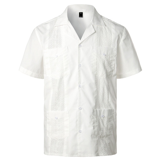 Férfi keresztre festett guayabera szőtt gombos tömör ing rövid ujjú hímzett hagyományos kubai ing Revere gallérral 4XL