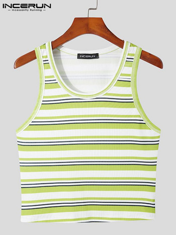 Ανδρικές ριγέ μπλούζες με λαιμόκοψη αμάνικο γυμναστήριο Streetwear Ανδρικά ρούχα 2023 Αναπνέει καλοκαιρινή μόδα Casual γιλέκα 5XL INCERUN