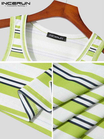 Ανδρικές ριγέ μπλούζες με λαιμόκοψη αμάνικο γυμναστήριο Streetwear Ανδρικά ρούχα 2023 Αναπνέει καλοκαιρινή μόδα Casual γιλέκα 5XL INCERUN
