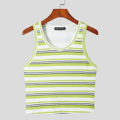 Vīriešu svītraini topi ar O veida kakla piedurknēm Fitness Ielu apģērbi Vīriešu apģērbi 2023 Elpojošs vasaras modes ikdienas vestes 5XL INCERUN