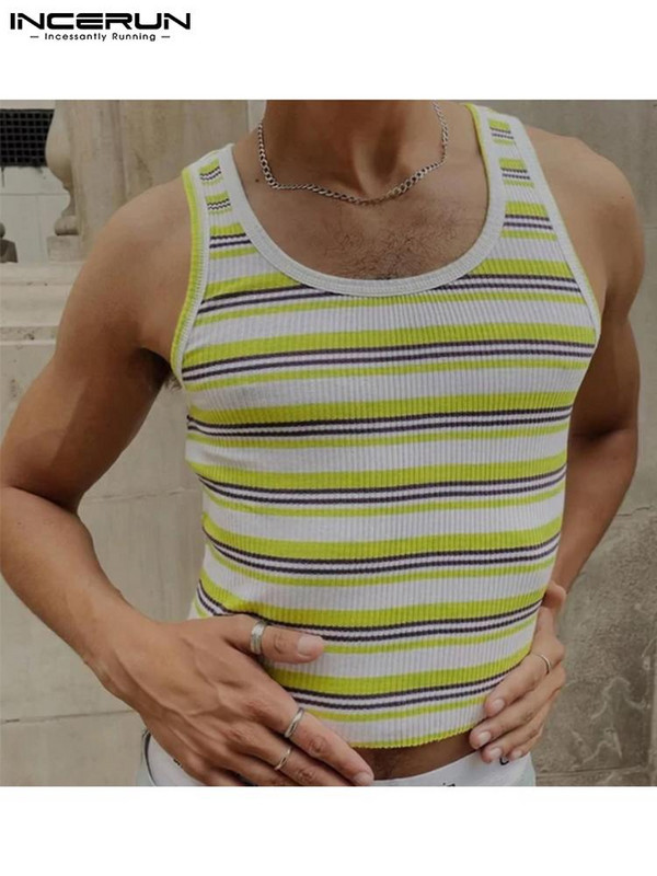 Vīriešu svītraini topi ar O veida kakla piedurknēm Fitness Ielu apģērbi Vīriešu apģērbi 2023 Elpojošs vasaras modes ikdienas vestes 5XL INCERUN