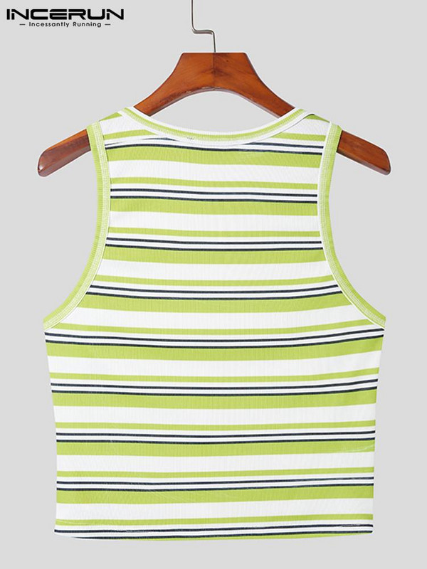 Vīriešu svītraini topi ar O veida kakla piedurknēm Fitness Ielu apģērbi Vīriešu apģērbi 2023 Elpojošs vasaras modes ikdienas vestes 5XL INCERUN