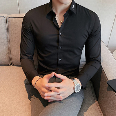 Cămașă cu broderie cu bandă pentru decolteu, bărbați, cu mânecă lungă, cămașă rochie socială, slim fit, îmbrăcăminte de stradă, bărbați, ocazional de afaceri, pentru bal, club, 4XL