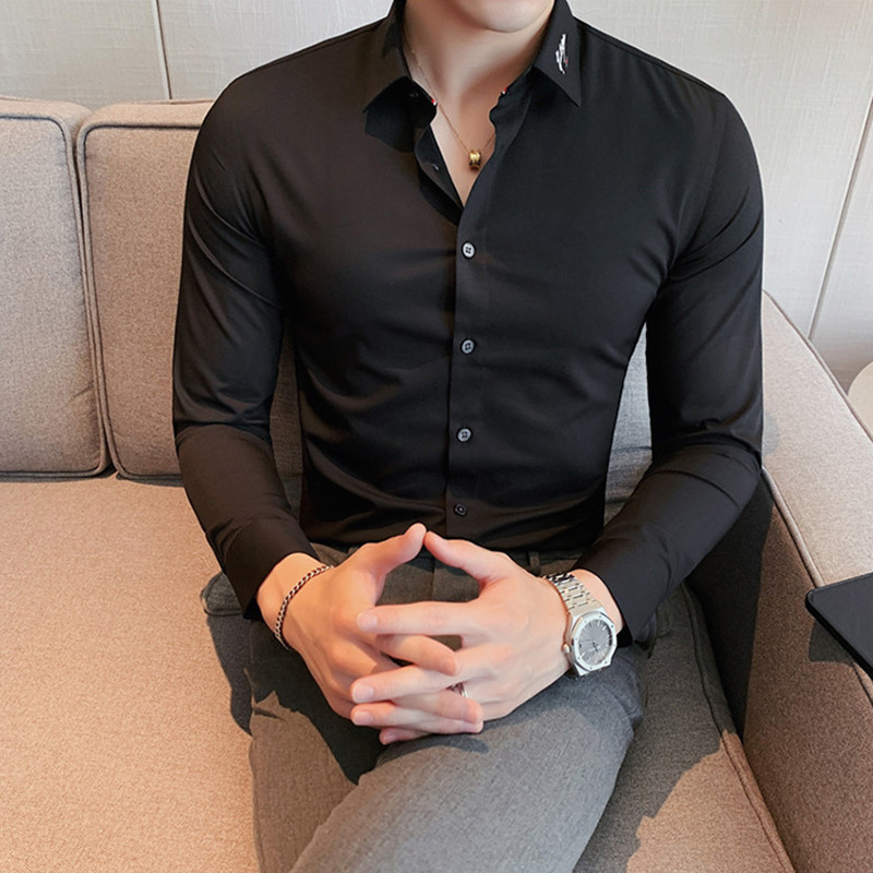 Cămașă cu broderie cu bandă pentru decolteu, bărbați, cu mânecă lungă, cămașă rochie socială, slim fit, îmbrăcăminte de stradă, bărbați, ocazional de afaceri, pentru bal, club, 4XL