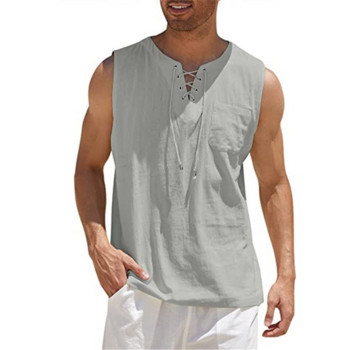 Νέο Hot Selling ανδρικό μπλουζάκι φανελάκι Lace Up Fashion Μονόχρωμο Βαμβακερό λινό κοντομάνικο T-shirt