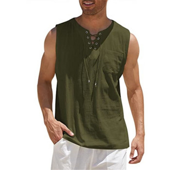 Νέο Hot Selling ανδρικό μπλουζάκι φανελάκι Lace Up Fashion Μονόχρωμο Βαμβακερό λινό κοντομάνικο T-shirt