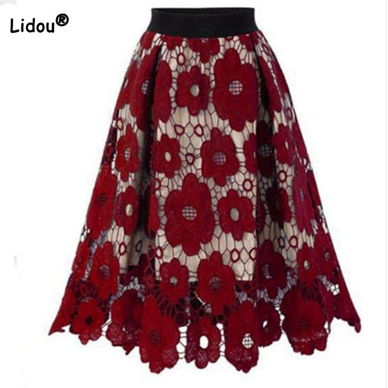 Pavasaris Vasaras Sieviešu elastīgi ar augstu vidukli neregulāri mežģīņu svārki Modes Eleganti Vintage A-Line Patchwork Svārki Sieviešu apģērbs