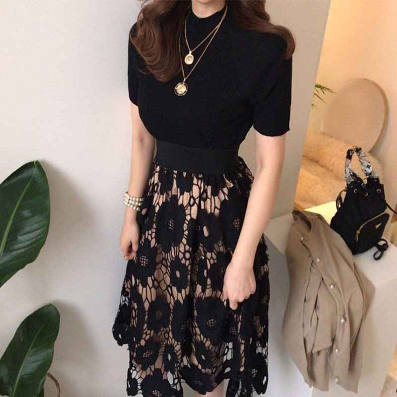 Pavasaris Vasaras Sieviešu elastīgi ar augstu vidukli neregulāri mežģīņu svārki Modes Eleganti Vintage A-Line Patchwork Svārki Sieviešu apģērbs