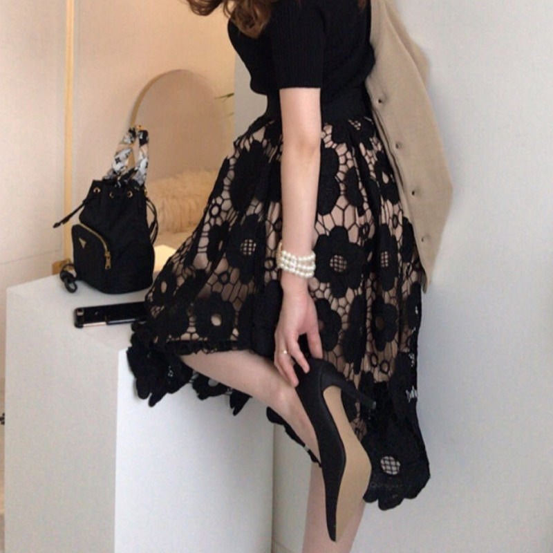 Pavasaris Vasaras Sieviešu elastīgi ar augstu vidukli neregulāri mežģīņu svārki Modes Eleganti Vintage A-Line Patchwork Svārki Sieviešu apģērbs