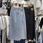 Koreai All-match női egyszínű osztott farmer szoknya nyári magas derekú divat egyszerűség zsebek midi szoknyák női ruházat