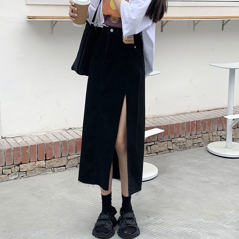 Koreai All-match női egyszínű osztott farmer szoknya nyári magas derekú divat egyszerűség zsebek midi szoknyák női ruházat