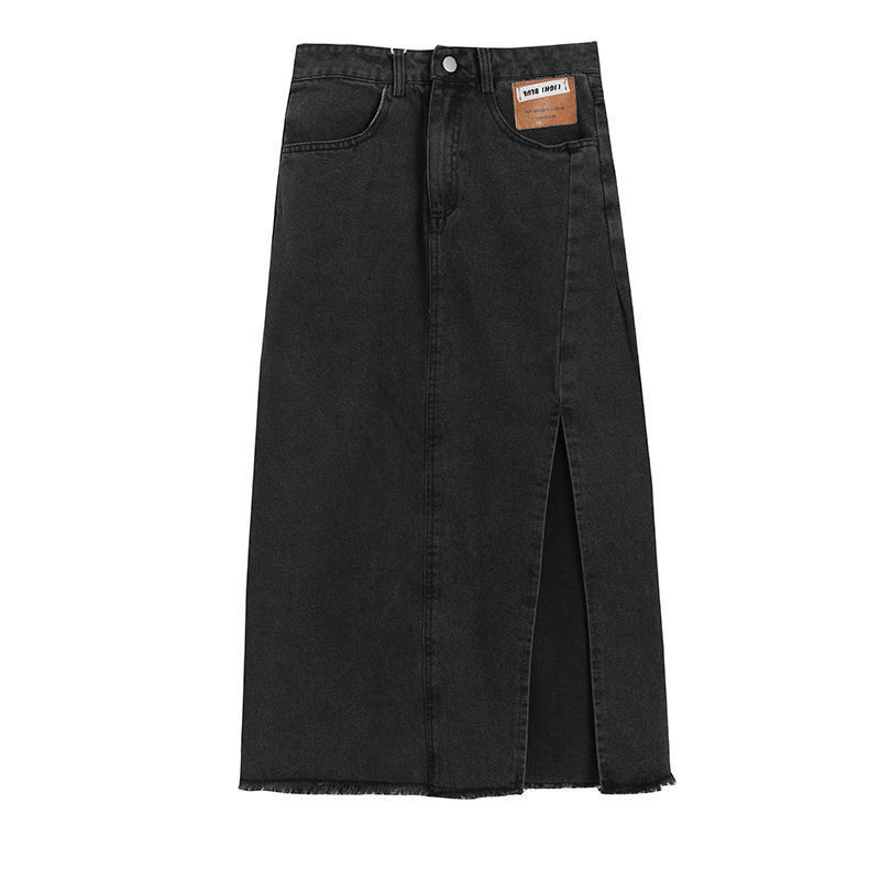 Koreai All-match női egyszínű osztott farmer szoknya nyári magas derekú divat egyszerűség zsebek midi szoknyák női ruházat