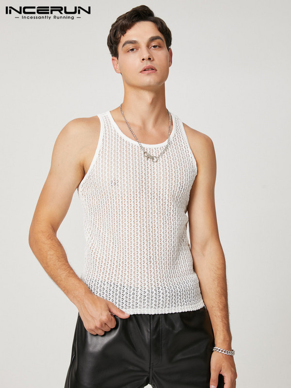INCERUN Férfi felsők üreges, átlátszó egyszínű, O-nyakú, ujjatlan férfi mellények, 2023. évi utcai ruházat, parti éjszakai klub szexi felsők 7
