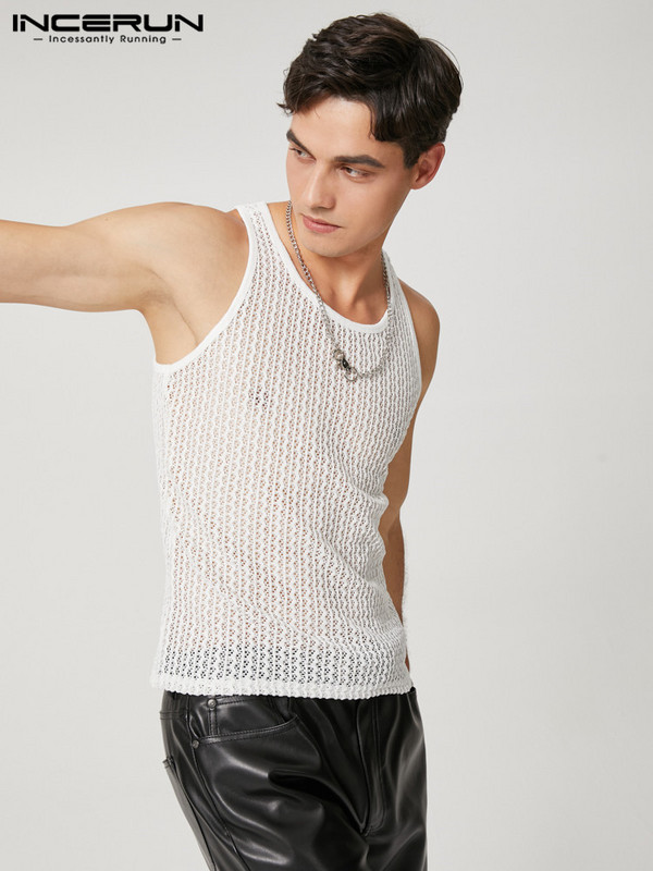 INCERUN Férfi felsők üreges, átlátszó egyszínű, O-nyakú, ujjatlan férfi mellények, 2023. évi utcai ruházat, parti éjszakai klub szexi felsők 7