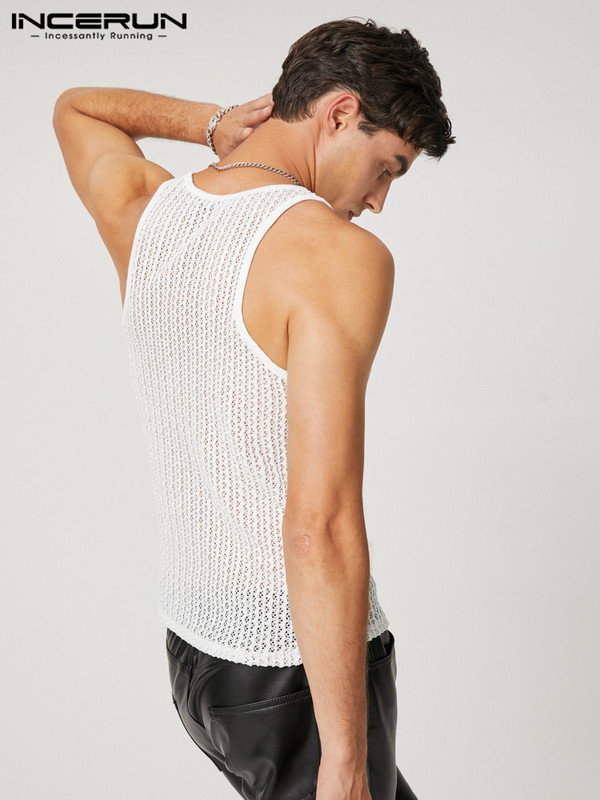 INCERUN Férfi felsők üreges, átlátszó egyszínű, O-nyakú, ujjatlan férfi mellények, 2023. évi utcai ruházat, parti éjszakai klub szexi felsők 7
