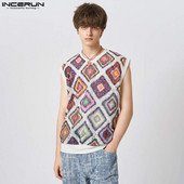 INCERUN Vīriešu topi ar V kakla izgriezumu bez piedurknēm mežģīnes, kas redzamas vasaras laikā, apdruka Seksīgas vestes, 2023. gada ielas apģērbs brīvdienām, ikdienas vīriešu apģērbi