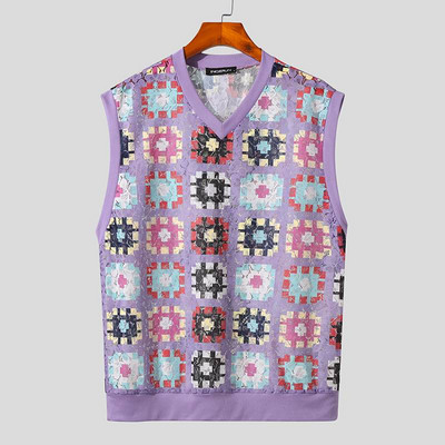 INCERUN Vīriešu topi ar V kakla izgriezumu bez piedurknēm mežģīnes, kas redzamas vasaras laikā, apdruka Seksīgas vestes, 2023. gada ielas apģērbs brīvdienām, ikdienas vīriešu apģērbi