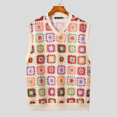 INCERUN Vīriešu topi ar V kakla izgriezumu bez piedurknēm mežģīnes, kas redzamas vasaras laikā, apdruka Seksīgas vestes, 2023. gada ielas apģērbs brīvdienām, ikdienas vīriešu apģērbi