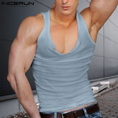 INCERUN 2023 Ανδρικά φανελάκια μονόχρωμα V λαιμόκοψη Αμάνικα streetwear γυμναστικής καλοκαιρινά γιλέκα αναπνεύσιμα casual ανδρικά ρούχα S-5XL