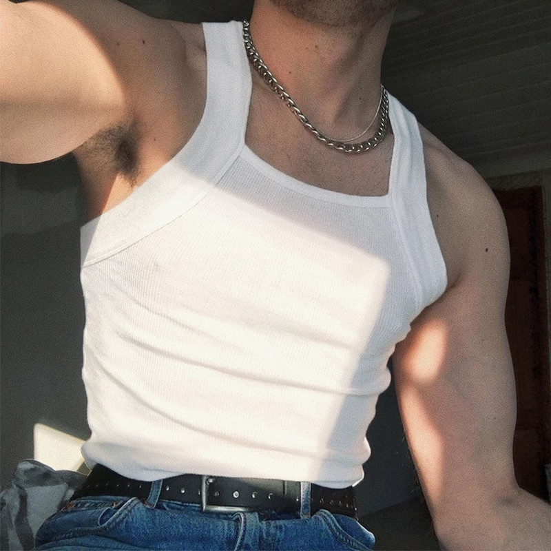 Σέξι αμάνικο τετράγωνο γιακά Λεπτό τανκ μπλούζες ανδρικής μόδας μονόχρωμο καμίζα με ραβδώσεις Streetwear Καλοκαιρινό casual ανδρικό γιλέκο Ρούχα