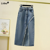 Fusta midi din denim cu talie înaltă, ocazional, îmbrăcăminte de vară pentru femei, coreeană, cu linie A, culoare solidă, cu îmbrăcăminte, 2023