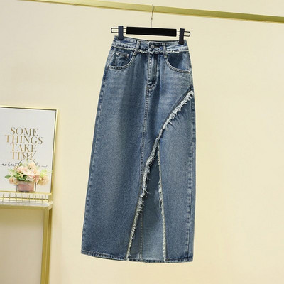 Fusta midi din denim cu talie înaltă, ocazional, îmbrăcăminte de vară pentru femei, coreeană, cu linie A, culoare solidă, cu îmbrăcăminte, 2023