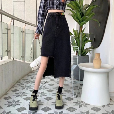 Κορεάτικη ακανόνιστη τζιν φούστα με ψηλή μέση Γυναικεία ρούχα καλοκαιρινά μοντέρνα γυναικεία μοντέρνα λεπτή φούστα με σχισμές τάσης σε γραμμή Α