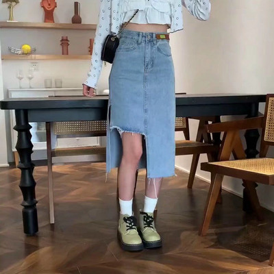 Κορεάτικη ακανόνιστη τζιν φούστα με ψηλή μέση Γυναικεία ρούχα καλοκαιρινά μοντέρνα γυναικεία μοντέρνα λεπτή φούστα με σχισμές τάσης σε γραμμή Α