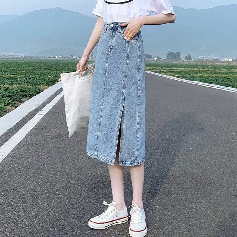 Κορεάτικη ακανόνιστη τζιν φούστα με ψηλή μέση Γυναικεία ρούχα καλοκαιρινά μοντέρνα γυναικεία μοντέρνα λεπτή φούστα με σχισμές τάσης σε γραμμή Α
