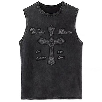 Дънкови потници Мъжка готическа жилетка Лятна тениска без ръкави с щампа на кръст и букви High Street Vintage Washed Черен пънк потник 8XL