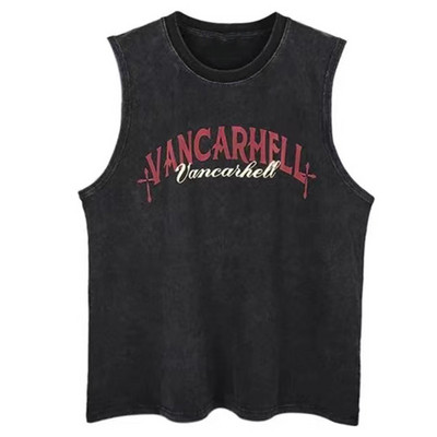 Topuri din denim pentru bărbați, vestă gotică de vară, tricou fără mâneci cu litere încrucișate, High Street, vintage, spălat, negru, punk, 8XL